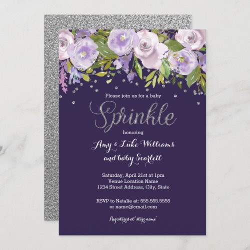Sparkle Floral Purple Silver Sprinkle Baby Shower Invitation