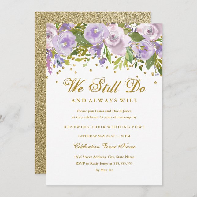 Sparkle Floral Purple Vow Renewal Anniversary Invitation (Front/Back)