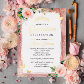 Sparkle Floral Tiara Blush Pink Gold Quinceanera Foil Invitation by LittleBayleigh at Zazzle