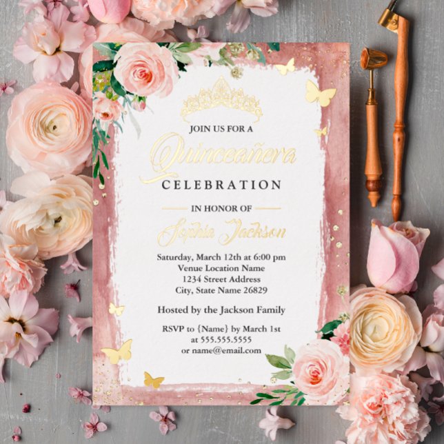 Sparkle Floral Tiara Blush Pink Gold Quinceanera Foil Invitation (Creator Uploaded)