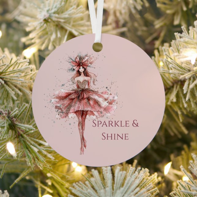 Sparkle Girl in Pink Rose Gold Dress Metal Ornament (Insitu)
