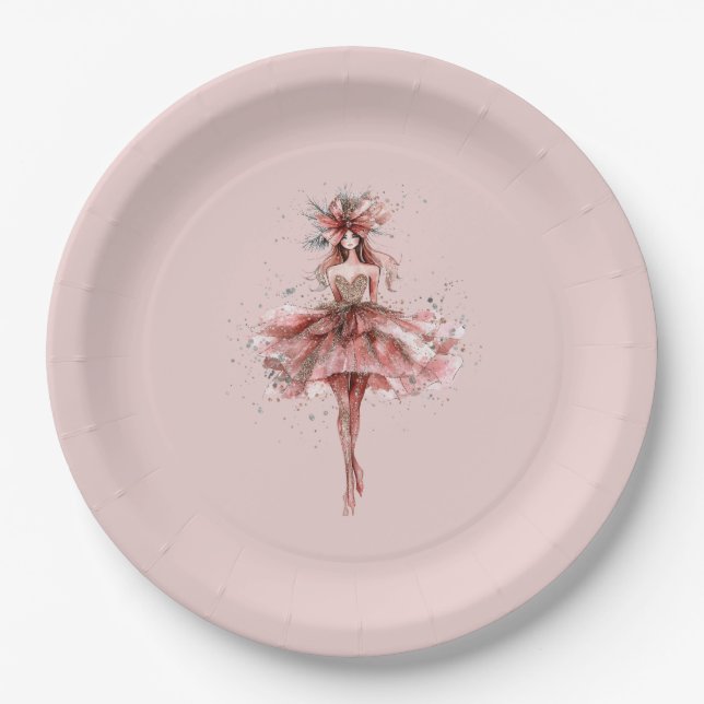 Sparkle Girl in Pink Rose Gold Dress Paper Plates (Front)