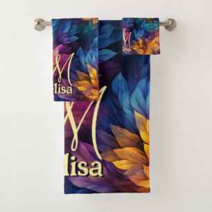 Sparkle Girly Navy Blue Purple Leaves Bath Towel Set