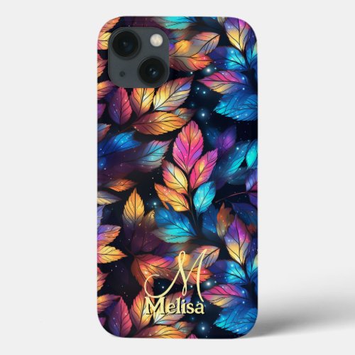 Sparkle Girly Navy Blue Purple Leaves iPhone 13 Case