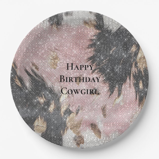 Sparkle Girly Pink Black Gold Cowgirl Cowhide Paper Plates (Front)