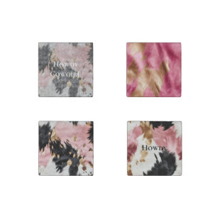 Sparkle Girly Pink Black Gold Cowgirl Cowhide Stone Magnet