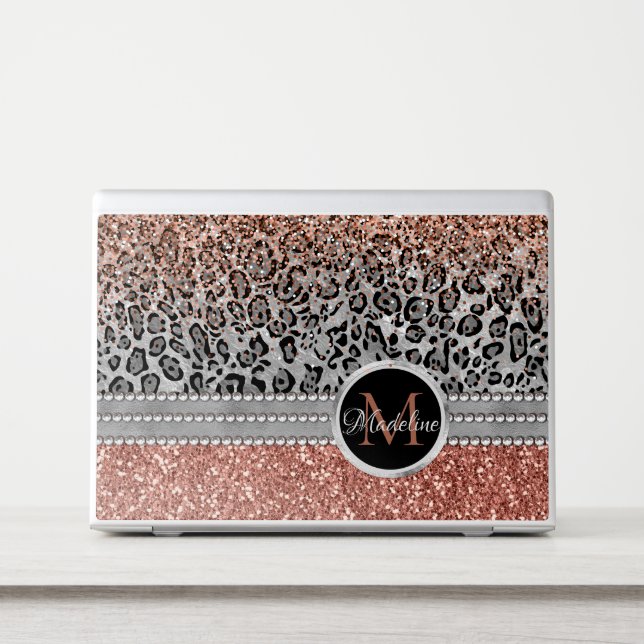 Sparkle Girly Rose Gold Glitter Leopard Monogram HP Laptop Skin (Front)