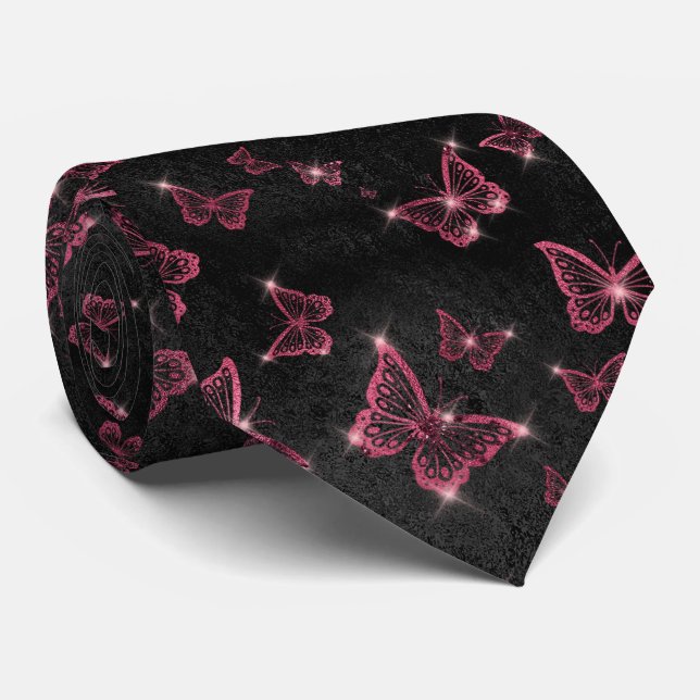 Sparkle Glam Burgundy Butterflies  Neck Tie (Rolled)