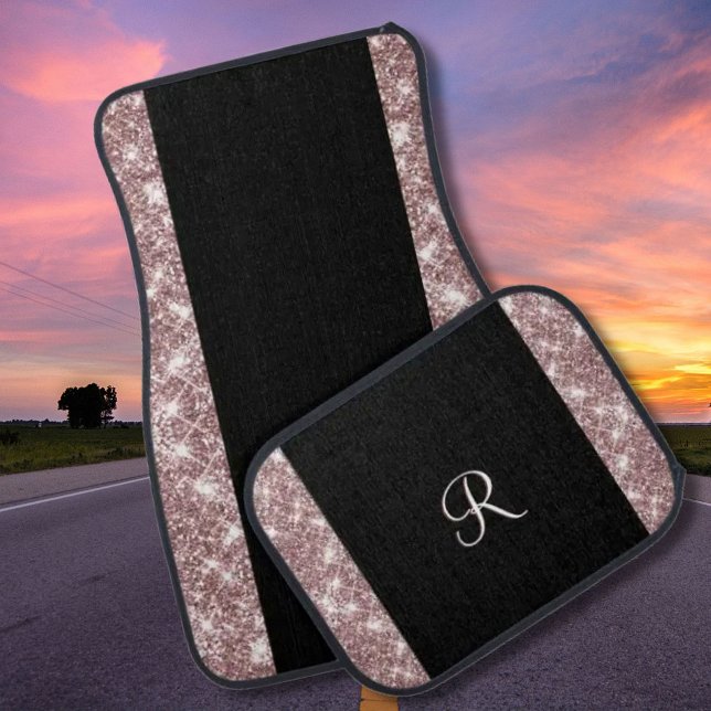 Sparkle Glam Glitter Black Rose Gold Monogram Car Floor Mat (Creator Uploaded)