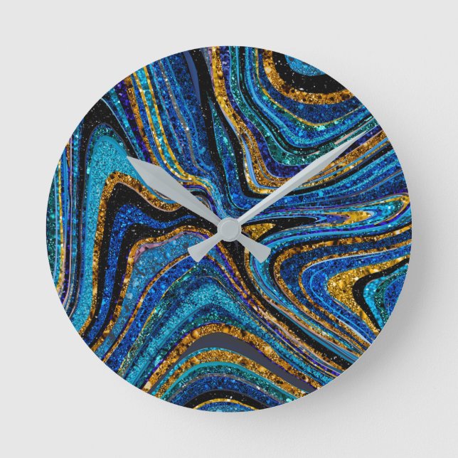 Sparkle Glam Glitter girly marble art blue Round Clock (Front)