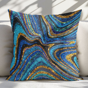 Sparkle Glam Glitter girly marble art blue Throw Pillow