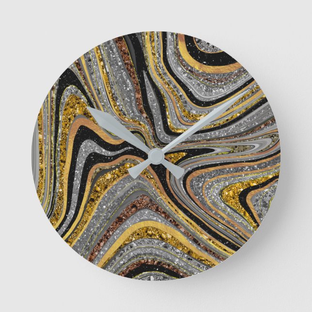 Sparkle Glam Glitter girly marble art grey gold Round Clock (Front)