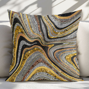 Sparkle Glam Glitter girly marble art grey gold Throw Pillow