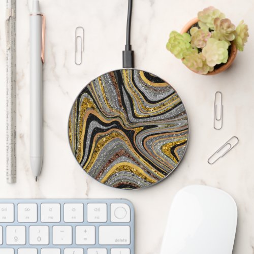 Sparkle Glam Glitter girly marble art grey gold Wireless Charger