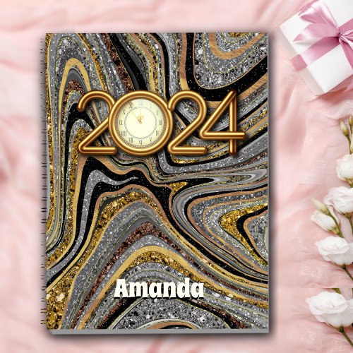 Sparkle Glam Glitter girly marble grey gold 2024 Planner
