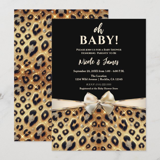 Sparkle Glam Gold Black Leopard Print Baby Shower Invitation (Front/Back)