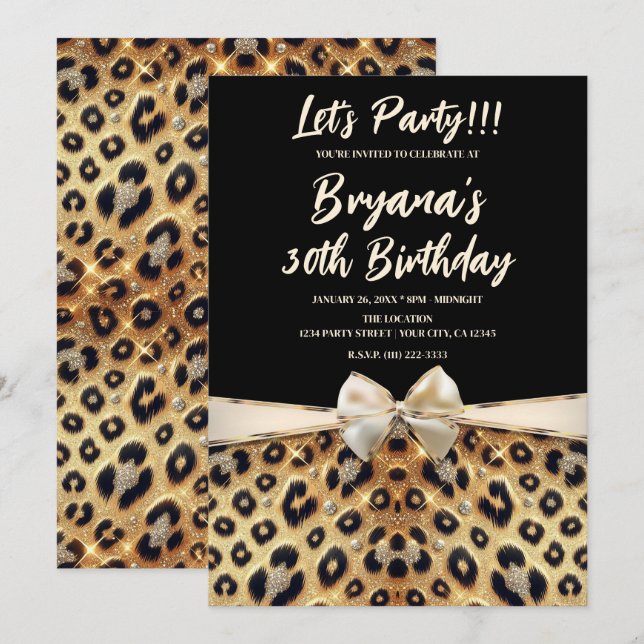 Sparkle Glam Gold Black Leopard Print Birthday  Invitation (Front/Back)