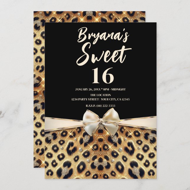 Sparkle Glam Gold Black Leopard Print Sweet 16 Invitation (Front/Back)