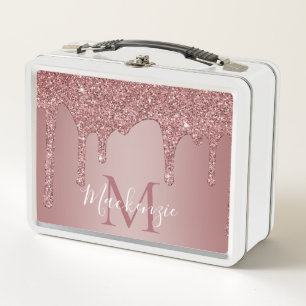 Sparkle Glam Rose Gold Dripping Glitter Monogram Metal Lunch Box