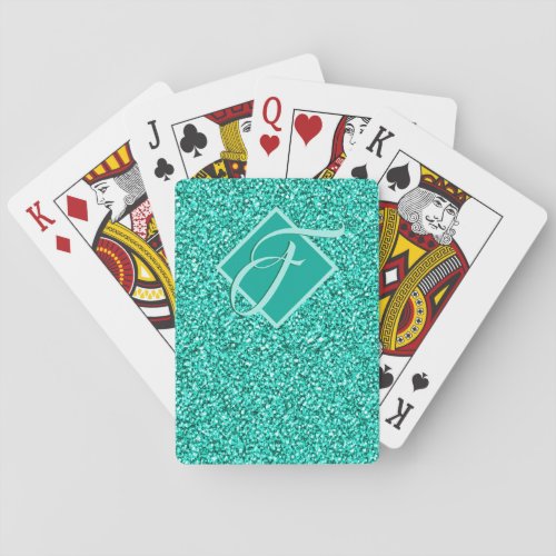 Sparkle Glam Turquoise Blue Glitter Monogram Poker Cards