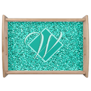 Sparkle Glam Turquoises Blue Glitter Monogram Serving Tray