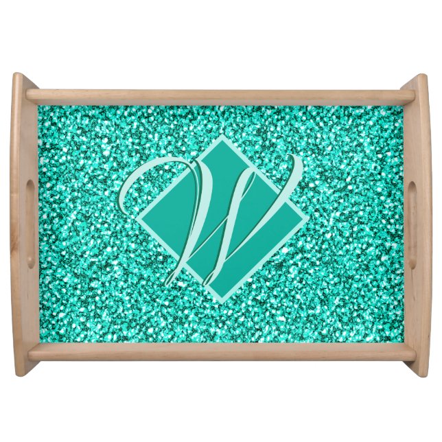 Sparkle Glam Turquoises Blue Glitter Monogram Serving Tray (Front)