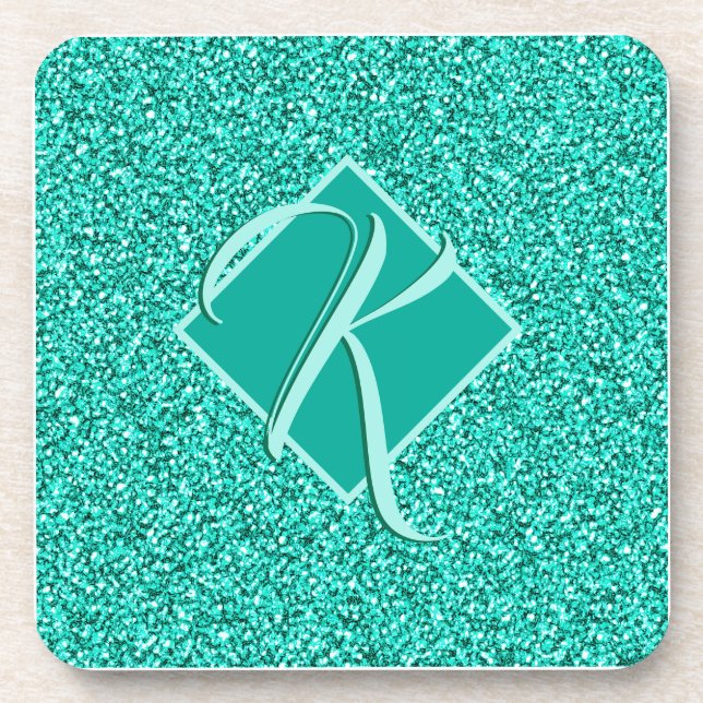 Sparkle Glam Turquoises Blue Glitter Monogrammed Beverage Coaster (Front)