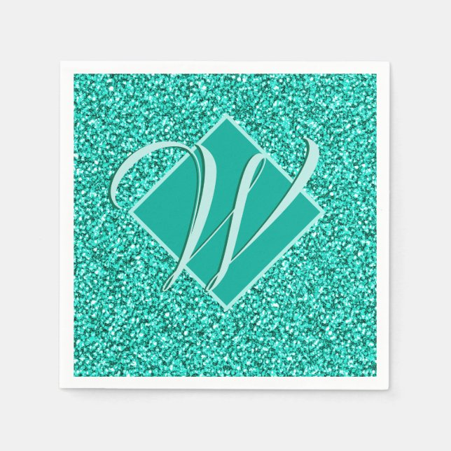 Sparkle Glam Turquoises Blue Glitter Monogrammed Napkins (Front)