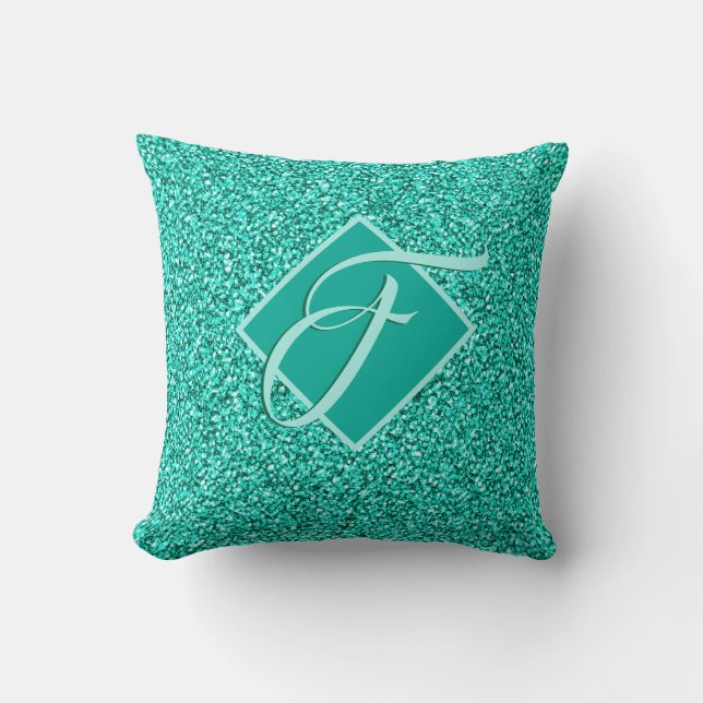 Sparkle Glam Turquoises Blue Glitter Monogrammed Throw Pillow (Front)