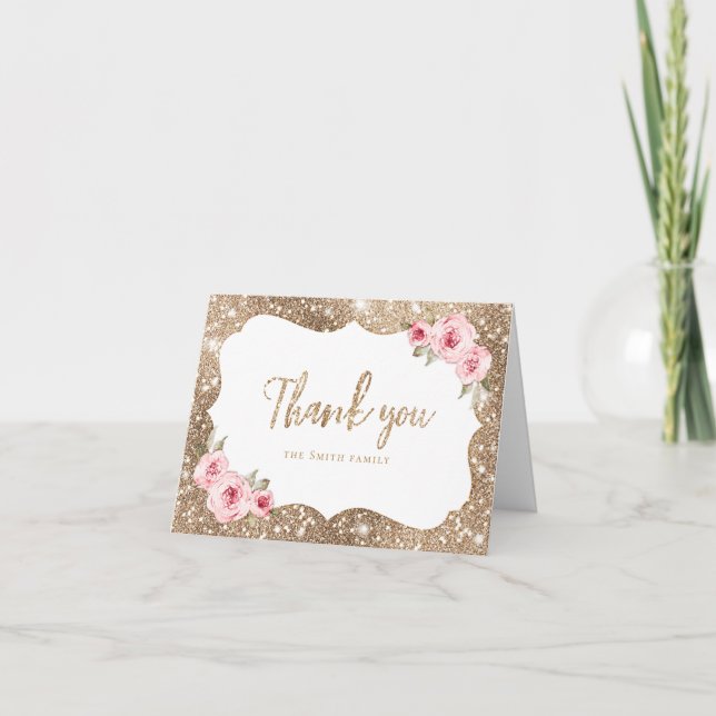 Sparkle glitter and pink floral thank you note (Front)