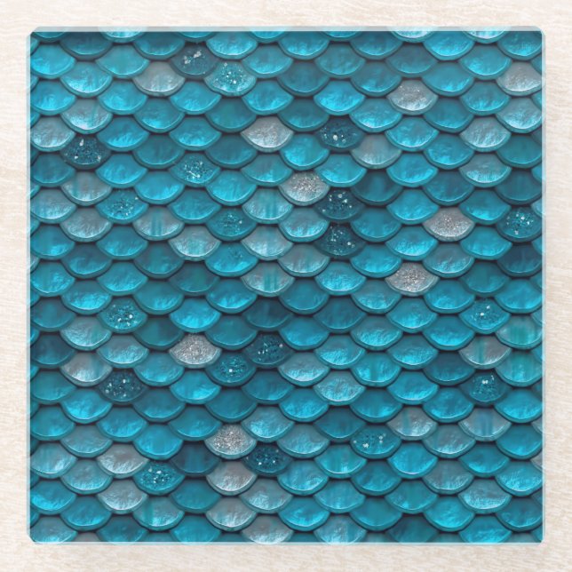 Sparkle Glitter Blue Teal Aqua Mermaid Scales Glass Coaster (Front)