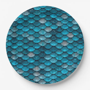 Sparkle Glitter Blue Teal Aqua Mermaid Scales Paper Plates