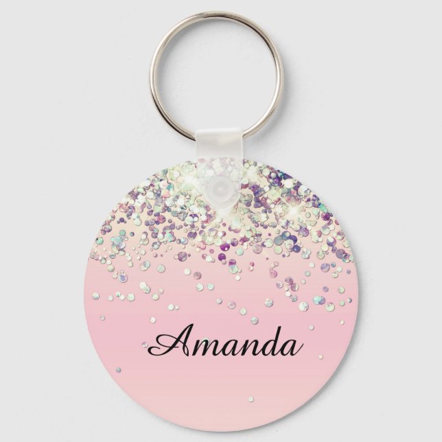 Sparkle Glitter Custom Name Blush Bridal Shower Keychain (Front)
