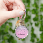 Shiny Rose Gold Pink Glitter Custom Name Monogram Keychain, Zazzle