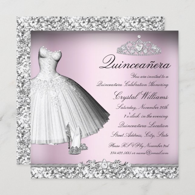 Sparkle Glitter Dress & Heels Quinceanera Invite (Front/Back)