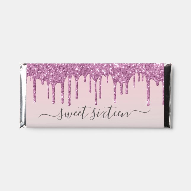 Sparkle Glitter Drip Pink Sweet 16 Personalized  Hershey Bar Favors (Front)