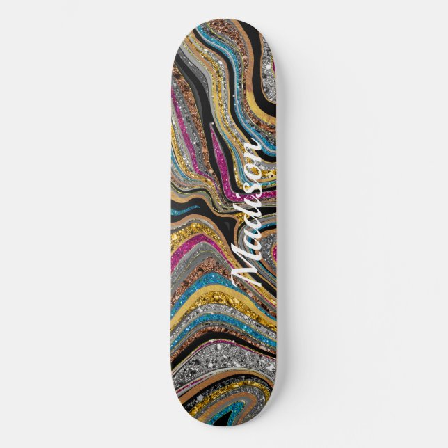 Sparkle Glitter girly marble art grey skateboard  (Front)