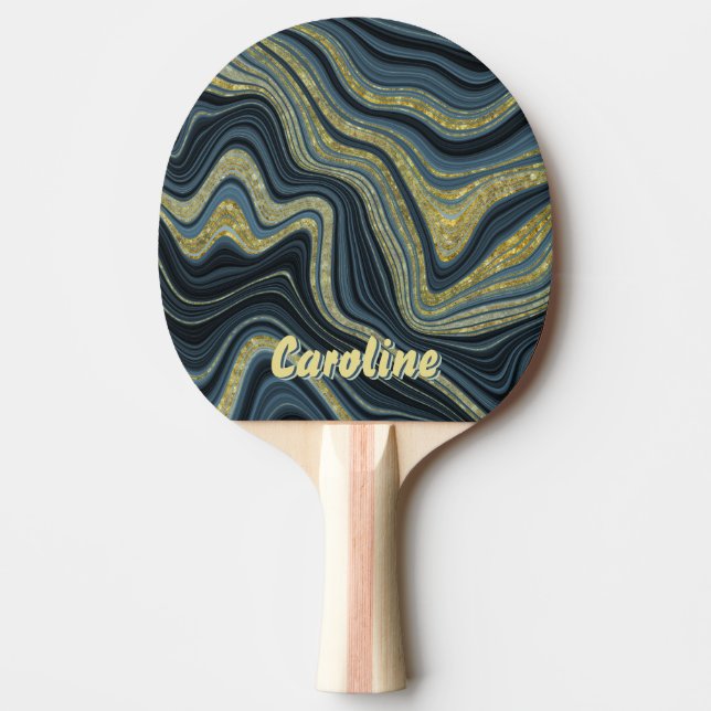 Sparkle Glitter girly Marble Blue Gold 3D Monogram Ping Pong Paddle (Front)