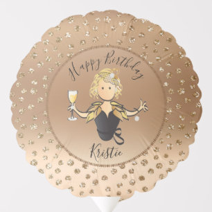 Sparkle Glitter Gold Female Cartoon Birthday Balloon