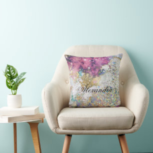 Sparkle Glitter Gold Purple Galaxy Marble Custom Throw Pillow