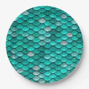 Sparkle Glitter Green Aqua Mermaid Scales Paper Plates