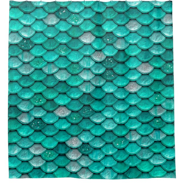 Sparkle Glitter Green Aqua Mermaid Scales Shower Curtain (Front)