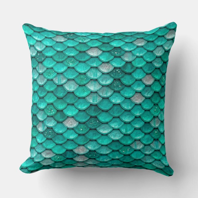 Sparkle Glitter Green Aqua Mermaid Scales Throw Pillow (Front)