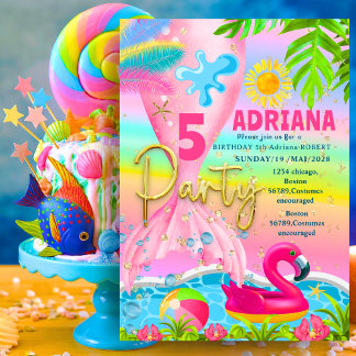 Sparkle Glitter Mermaid sea flamingo beach Rainbow Invitation
