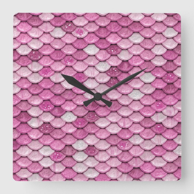 Sparkle Glitter Pink Purple Mermaid Scales Square Wall Clock (Front)