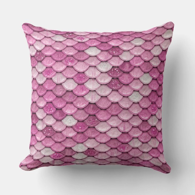 Sparkle Glitter Pink Purple Mermaid Scales Throw Pillow (Front)