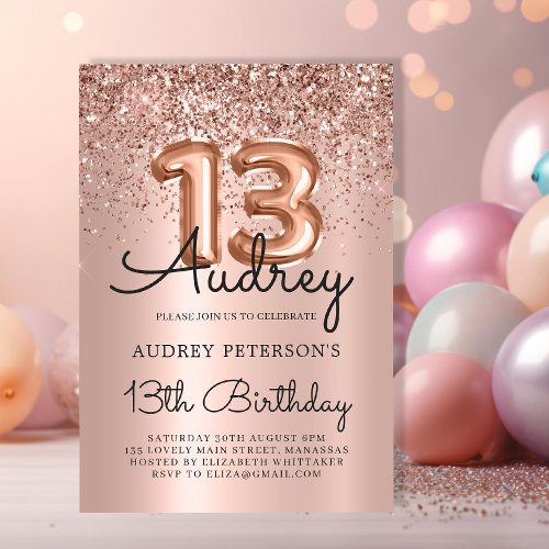 Sparkle Glitter Rose Gold Balloon 13th Birthday  Invitation