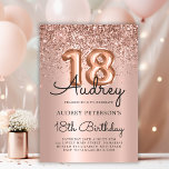 Sparkle Glitter Rose Gold Balloon 18th Birthday  Invitation<br><div class="desc">Add sparkle to your event with this Modern Rose Gold Balloon 18th Birthday Invitation. This stylish design showcases rose gold foil number balloons paired with elegant calligraphy, framed by a shimmering glitter border on a soft blush pink metallic foil background. A perfect choice for a 18-year-old girl's birthday party, combining...</div>