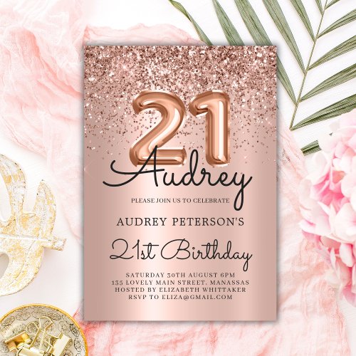 Sparkle Glitter Rose Gold Balloon 21st Birthday  Invitation