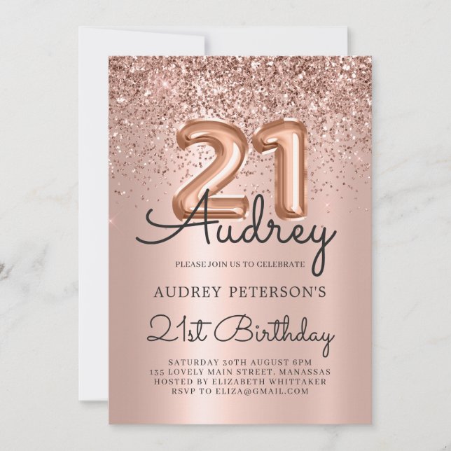 Sparkle Glitter Rose Gold Balloon 21st Birthday  Invitation (Front)